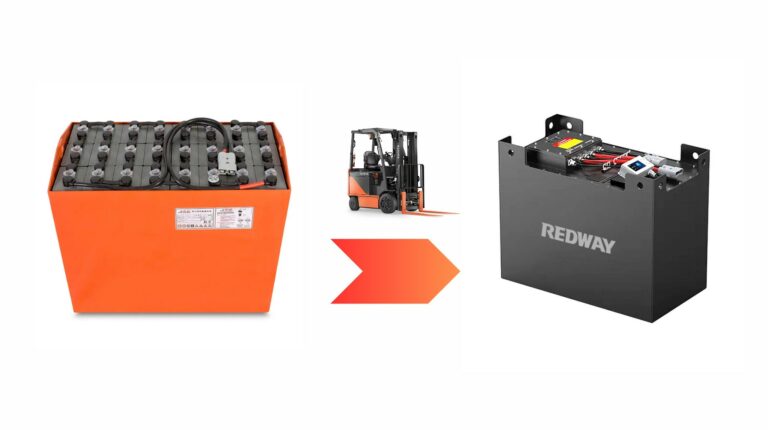 Redway illustration comparing lead-acid and lithium forklift battery packs